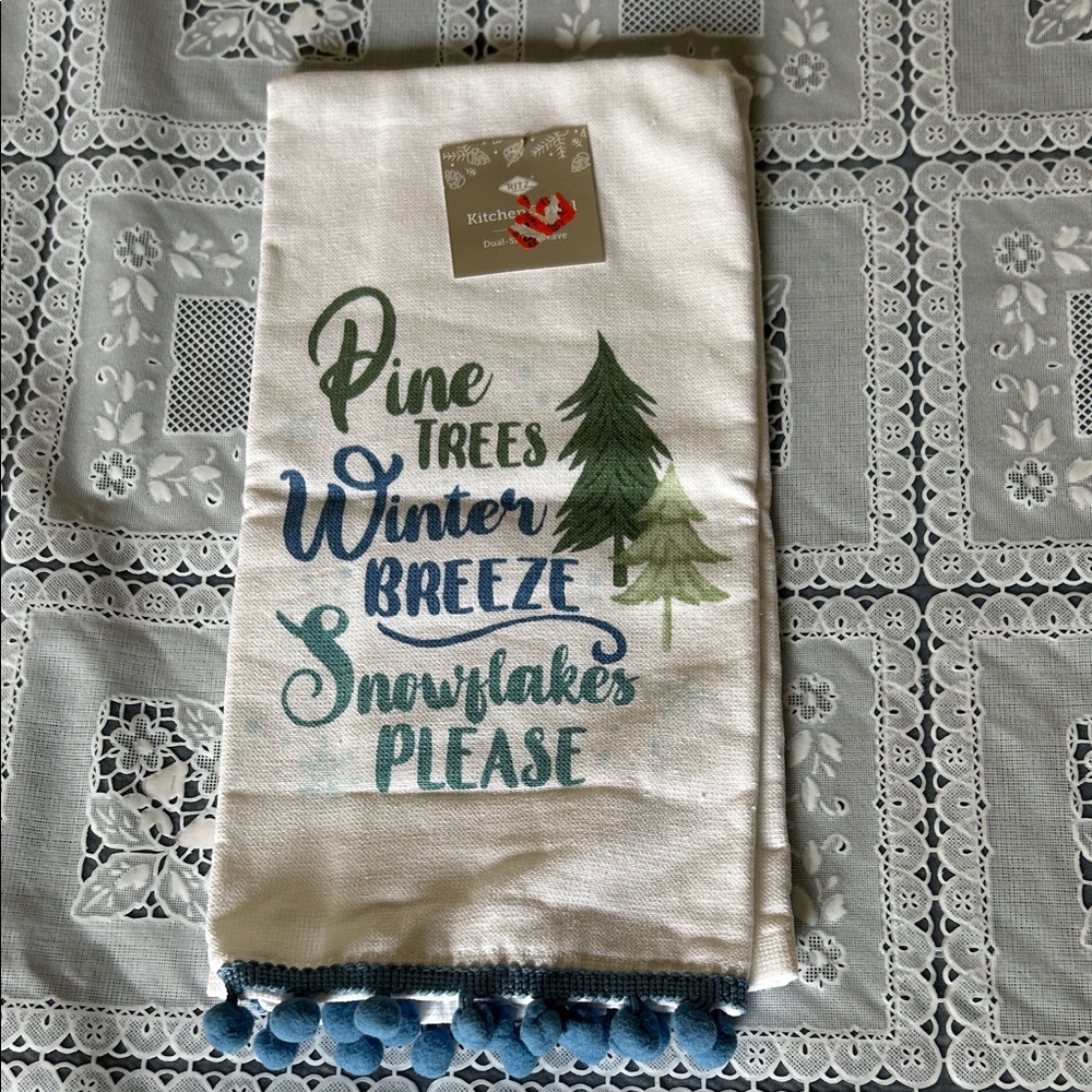 Winter Breeze Pine Trees Kitchen Towel with Blue Pom Trim